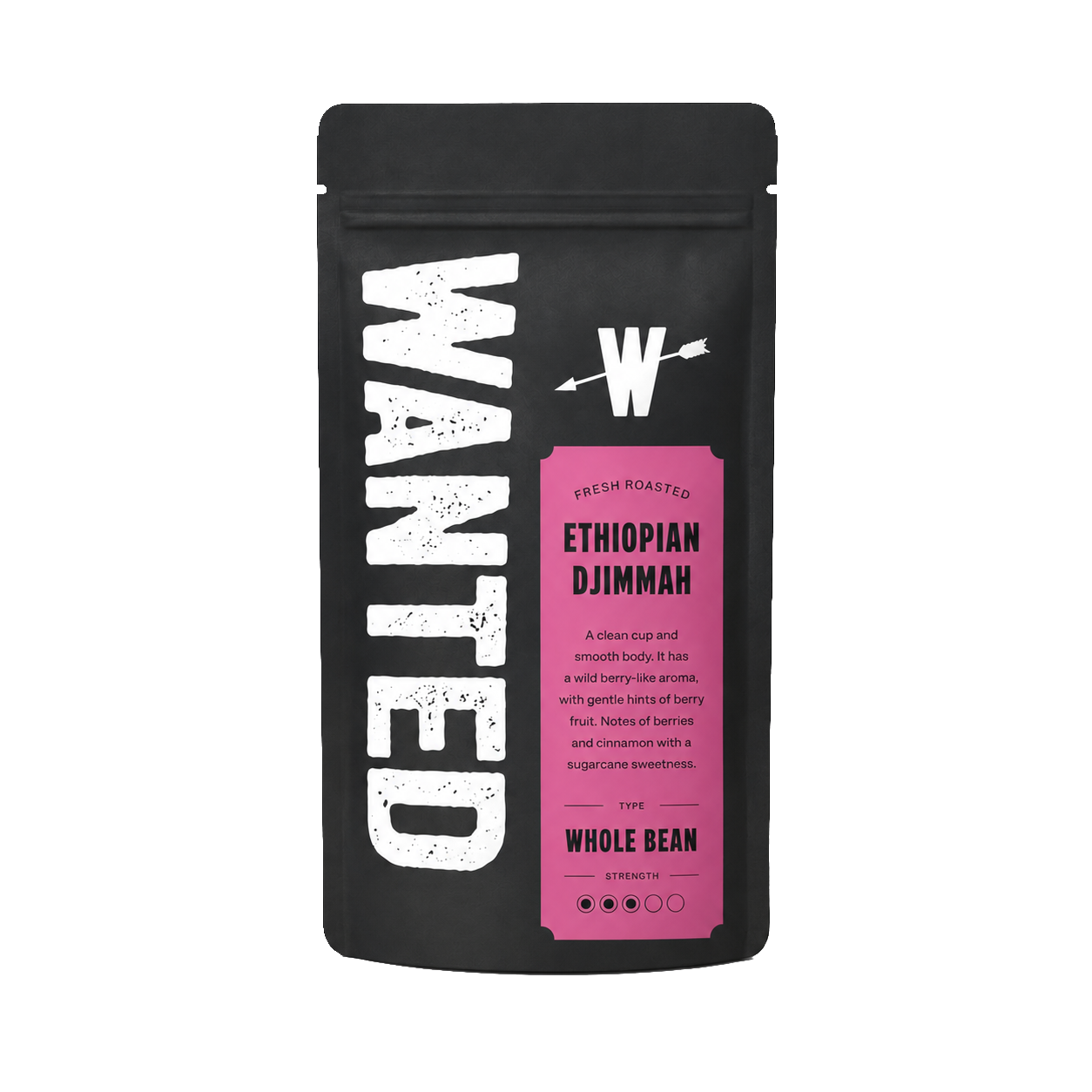 A black stand-up pouch of WANTED Ethiopian Djimmah whole bean coffee on a plain white background.