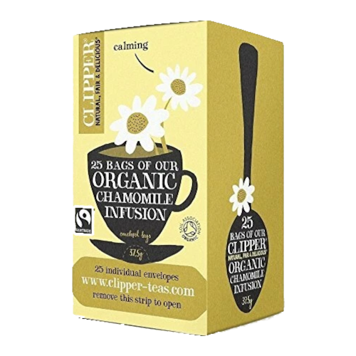 A box of Clipper Organic Chamomile Infusion tea, featuring a mustard yellow and cream color scheme with illustrations of chamomile flowers and a black teacup graphic.