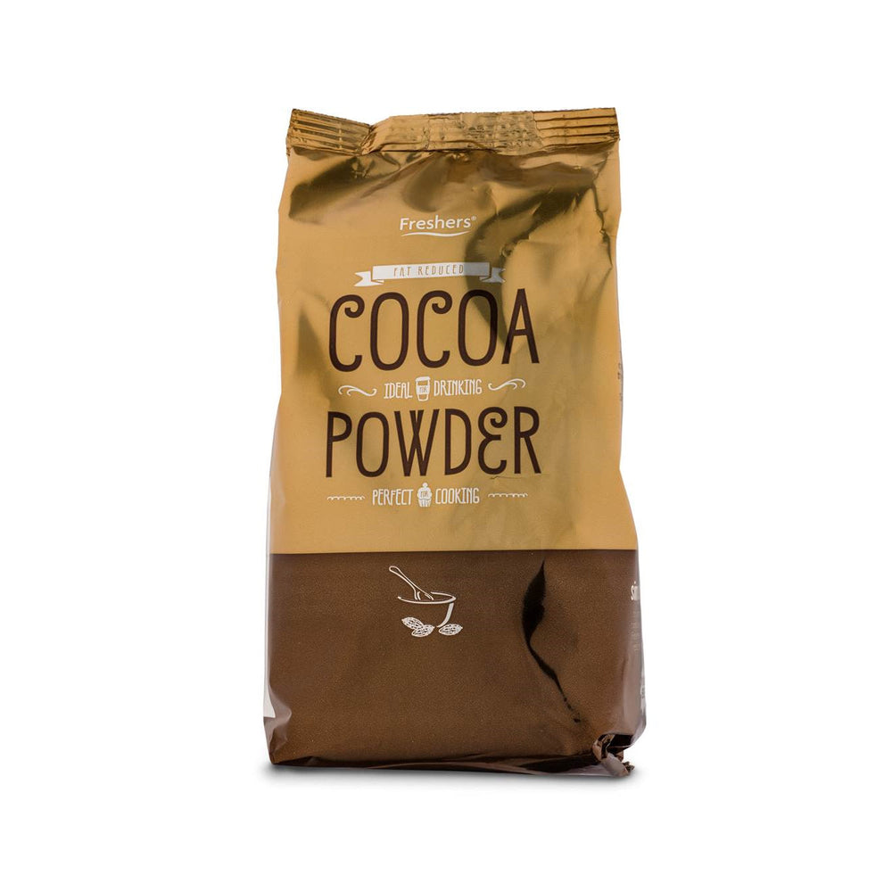 Freshers Fat Reduced Cocoa Powder 500g gold and brown foil pack, labelled ideal for drinking and perfect for cooking, on a white background.