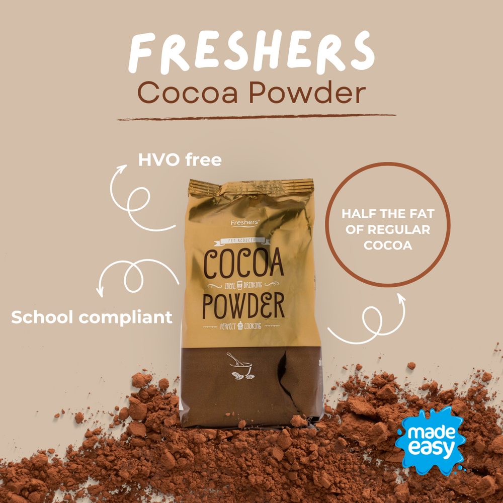 Freshers Fat Reduced Cocoa Powder pack with HVO free, school compliant and half the fat of regular cocoa callouts.