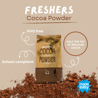 Freshers Fat Reduced Cocoa Powder pack with HVO free, school compliant and half the fat of regular cocoa callouts.