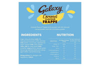 Galaxy Caramel Flavour Frappe ingredients and nutrition information panel on a blue background.