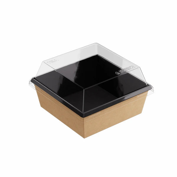 Black and brown food container with clear lid on a white background