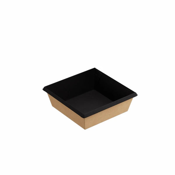 Square kraft takeaway food container with black plastic liner and clear lid, eco-friendly meal prep packaging.
