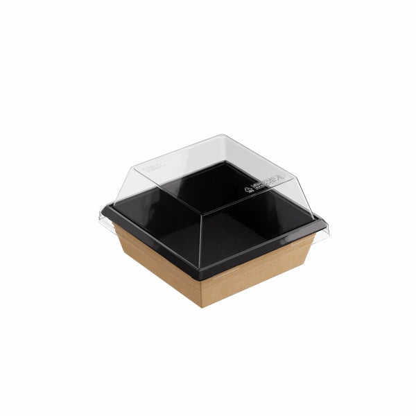 Kraft paper food tray with black four-compartment insert and transparent dome lid, portion control takeaway box.