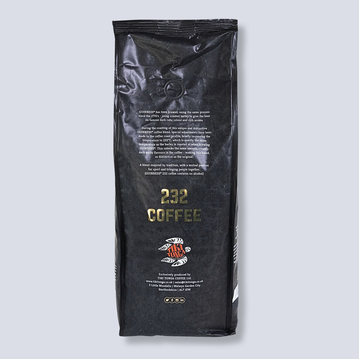 Back of the Guinness 232 Coffee Beans 1kg bag with the Tiki Tonga logo