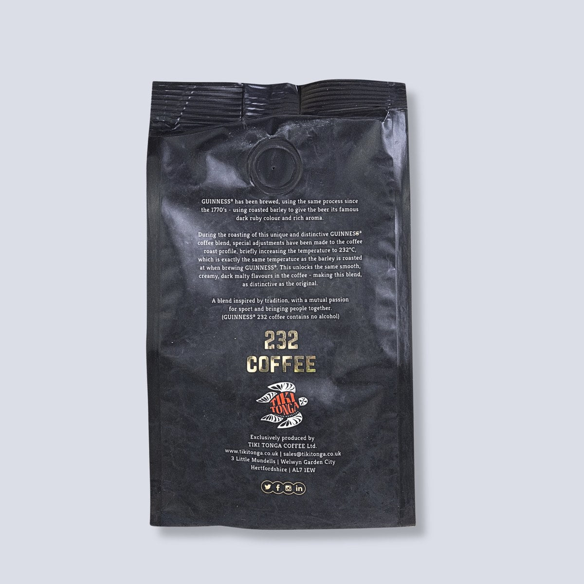 Back of the Guinness 232 Coffee Beans 227g bag with the Tiki Tonga logo and blend story
