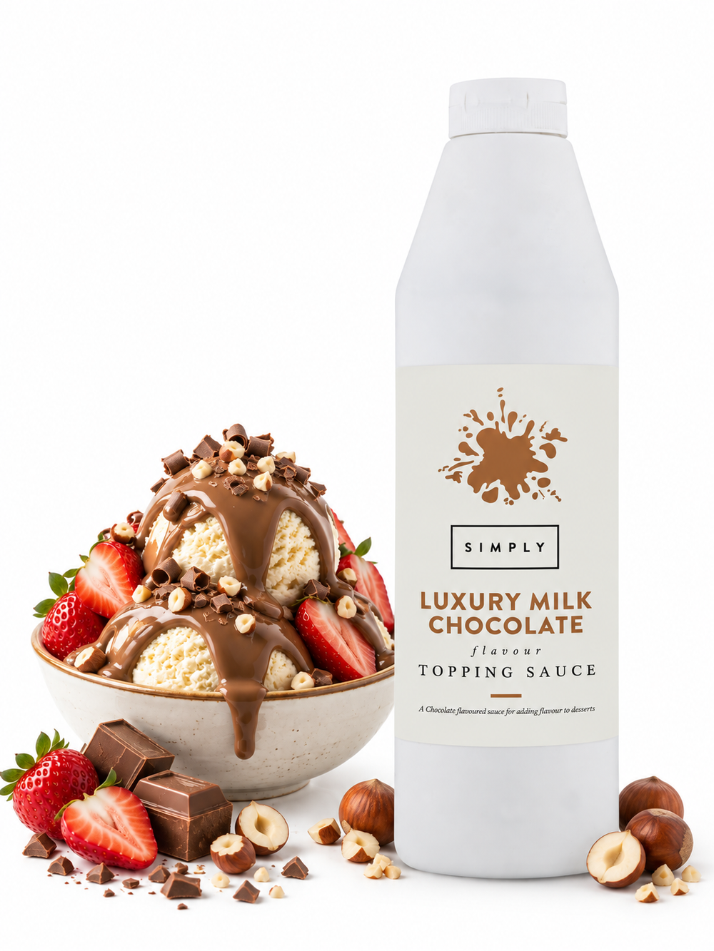 A bottle of Simply Luxury Milk Chocolate Topping Sauce stands next to a dessert bowl filled with vanilla ice cream, chocolate drizzle, strawberries, nuts, and chocolate pieces on a white background.