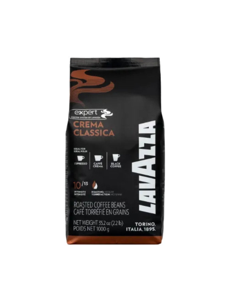 A 1 kg bag of Lavazza Crema Classica coffee beans, featuring a black bag with brown and white text and graphics, set against a plain white background.