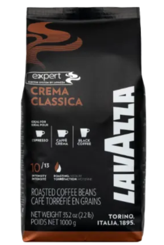 A 1 kg bag of Lavazza Crema Classica coffee beans, featuring a black bag with brown and white text and graphics, set against a plain white background.