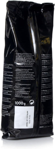 Back view of Lavazza black ERACLEA 1kg chocolate milk powder bag showing nutritional information, preparation instructions, and ingredients list.