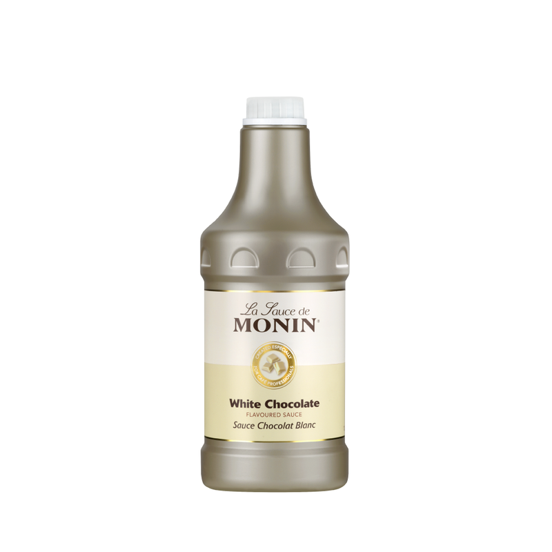 A bottle of Monin White Chocolate Sauce with a white label and gold accents.