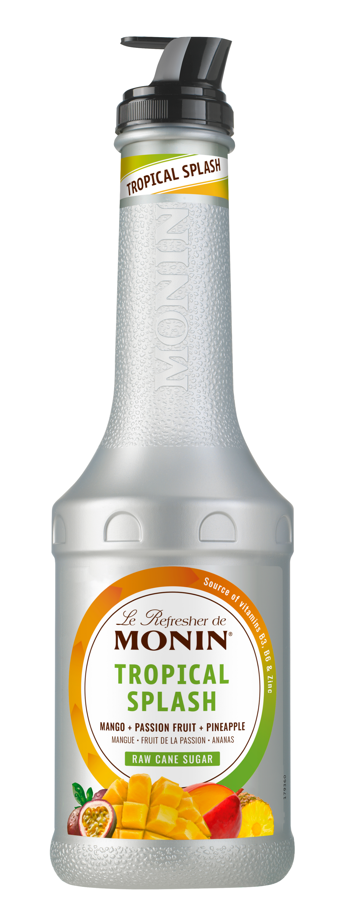 Monin Tropical Splash syrup bottle on a white background