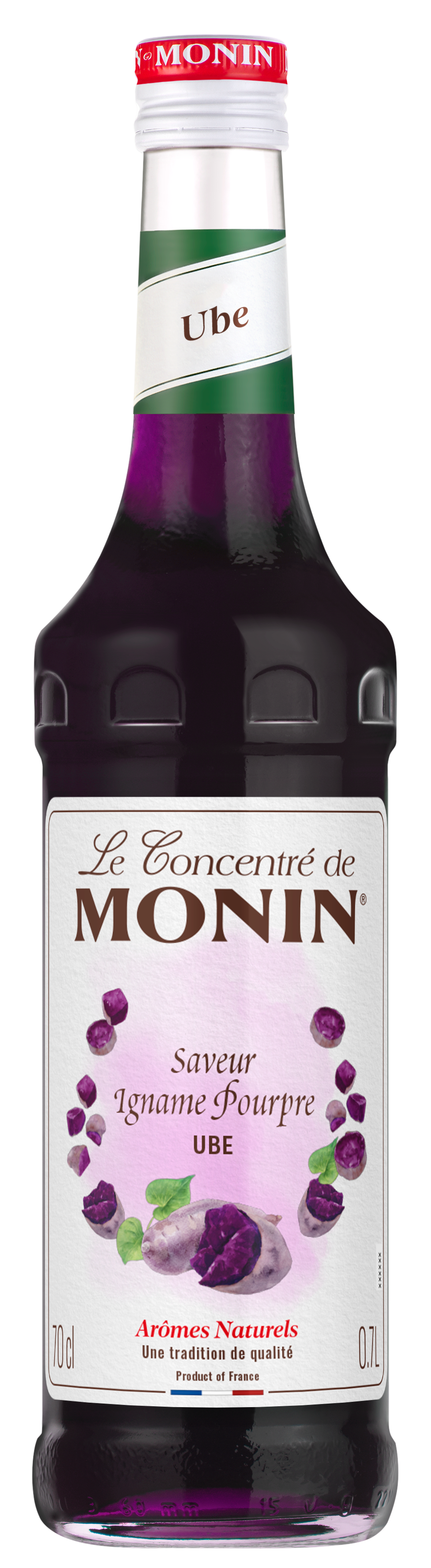 a bottle of monin ube syrup for coffee