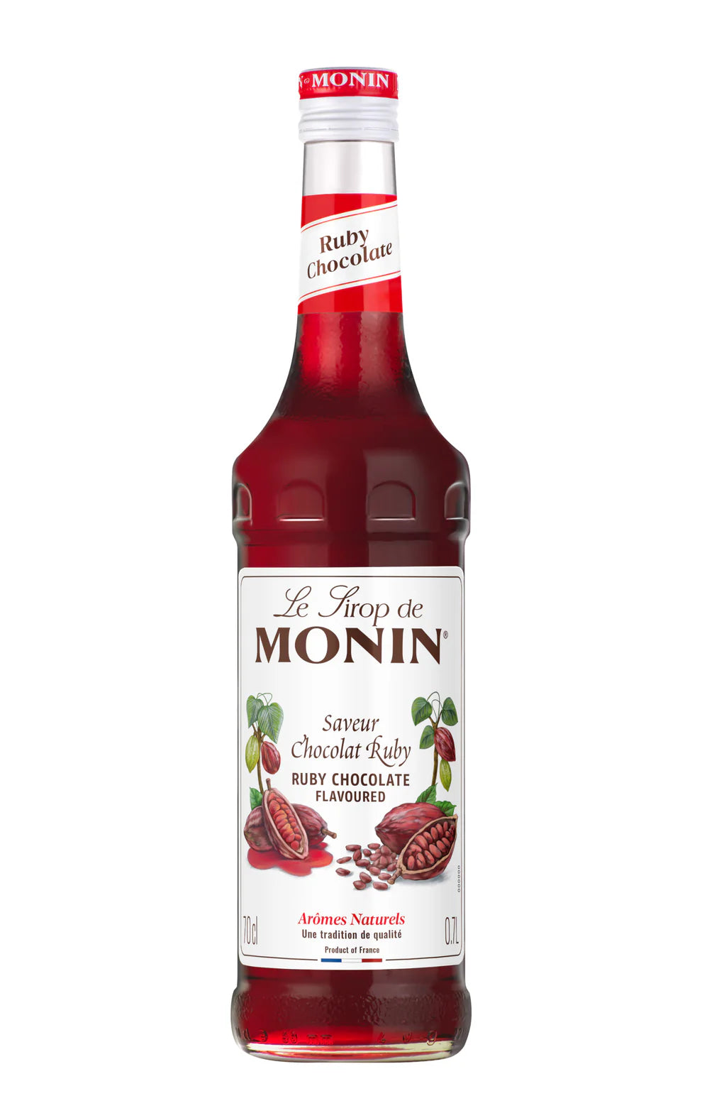 Monin Ruby Chocolate syrup bottle on a white background