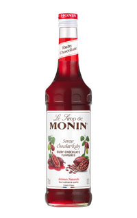 Monin Ruby Chocolate syrup bottle on a white background