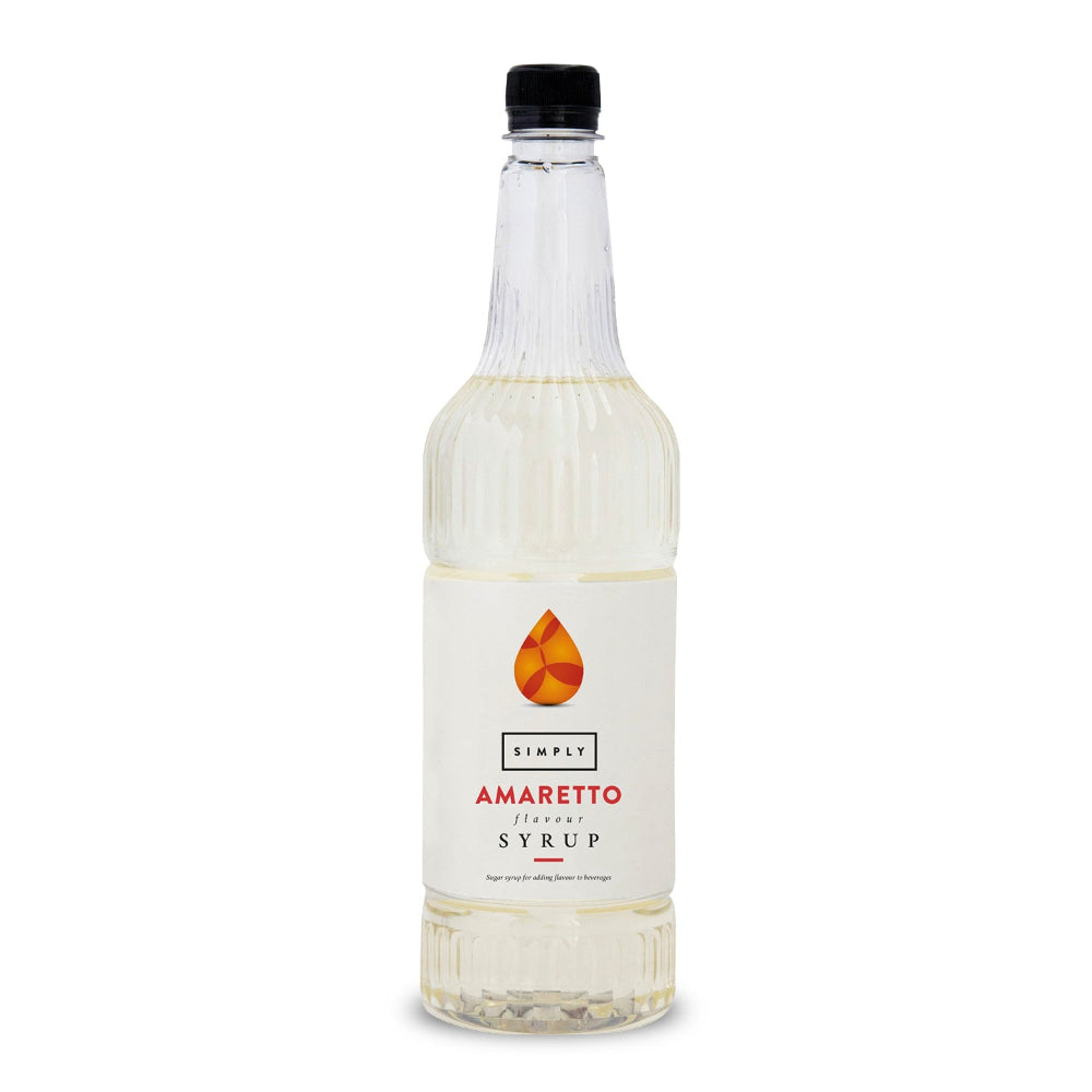 A bottle of Simply Amaretto Flavour Syrup with a white label and black cap, shown on a clean white background.