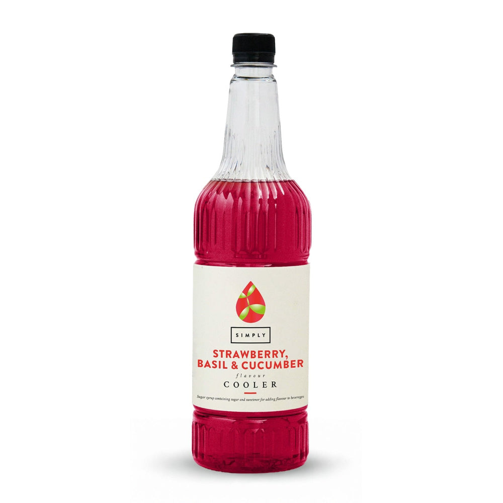 A bottle of Simply Strawberry, Basil & Cucumber flavored cooler syrup with a white label and a black cap, filled with a vibrant pink liquid, on a white background.