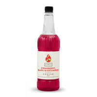 A bottle of Simply Strawberry, Basil & Cucumber flavored cooler syrup with a white label and a black cap, filled with a vibrant pink liquid, on a white background.