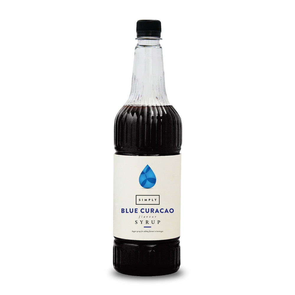 A 1-liter clear plastic bottle of Simply Chocolate Iced Syrup with a black cap and a cream-colored label, shown on a plain white background.