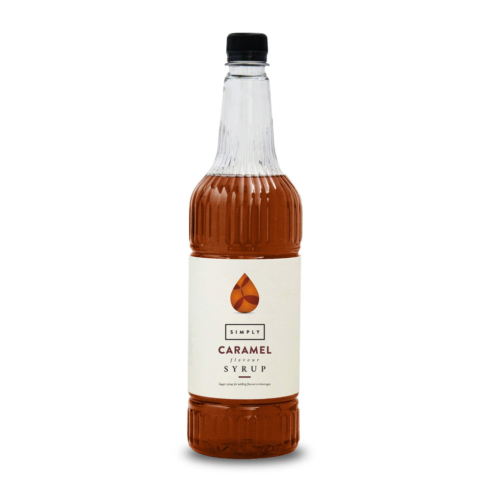 A bottle of Simply Caramel Syrup with amber liquid inside a ribbed clear bottle, featuring a cream label and a black cap, set against a plain white background.
