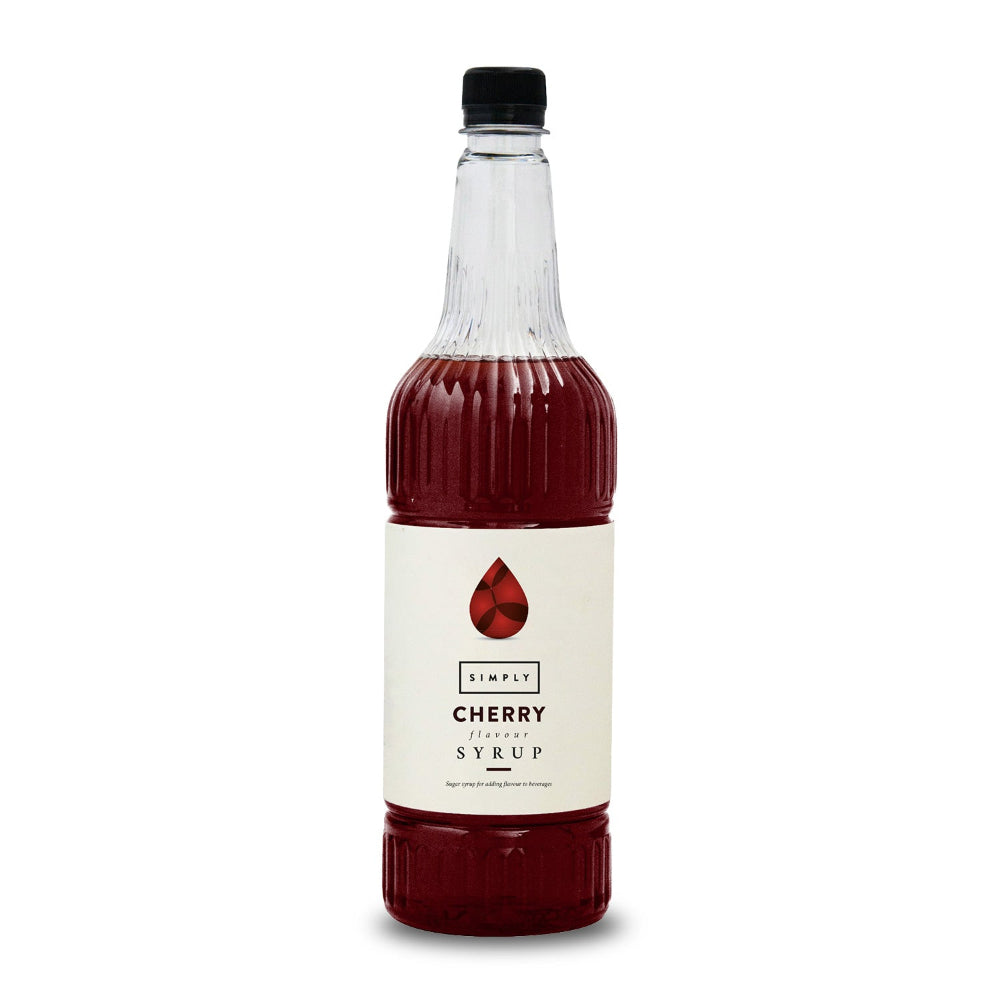 A bottle of Simply Cherry Infused Syrup with a black cap and a cream-colored label, shown on a plain white background.