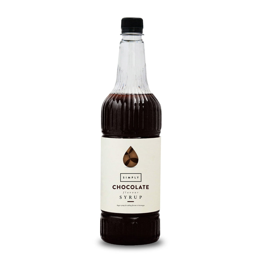 A 1-liter clear plastic bottle of Simply Chocolate Iced Syrup with a black cap and a cream-colored label, shown on a plain white background.