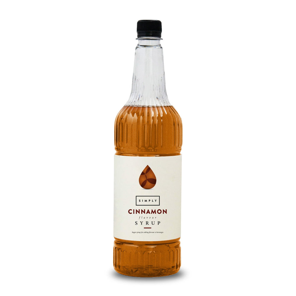 A bottle of Simply Cinnamon Syrup with amber liquid inside, a white label, and a black cap, centered on a white background.
