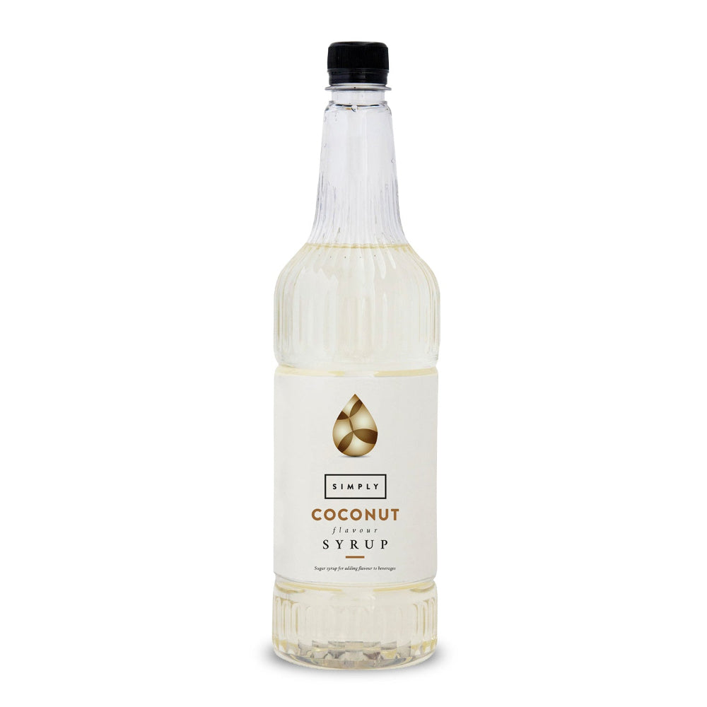 A bottle of Simply Coconut Flavour Syrup with a white label and black cap, photographed on a clean white background.
