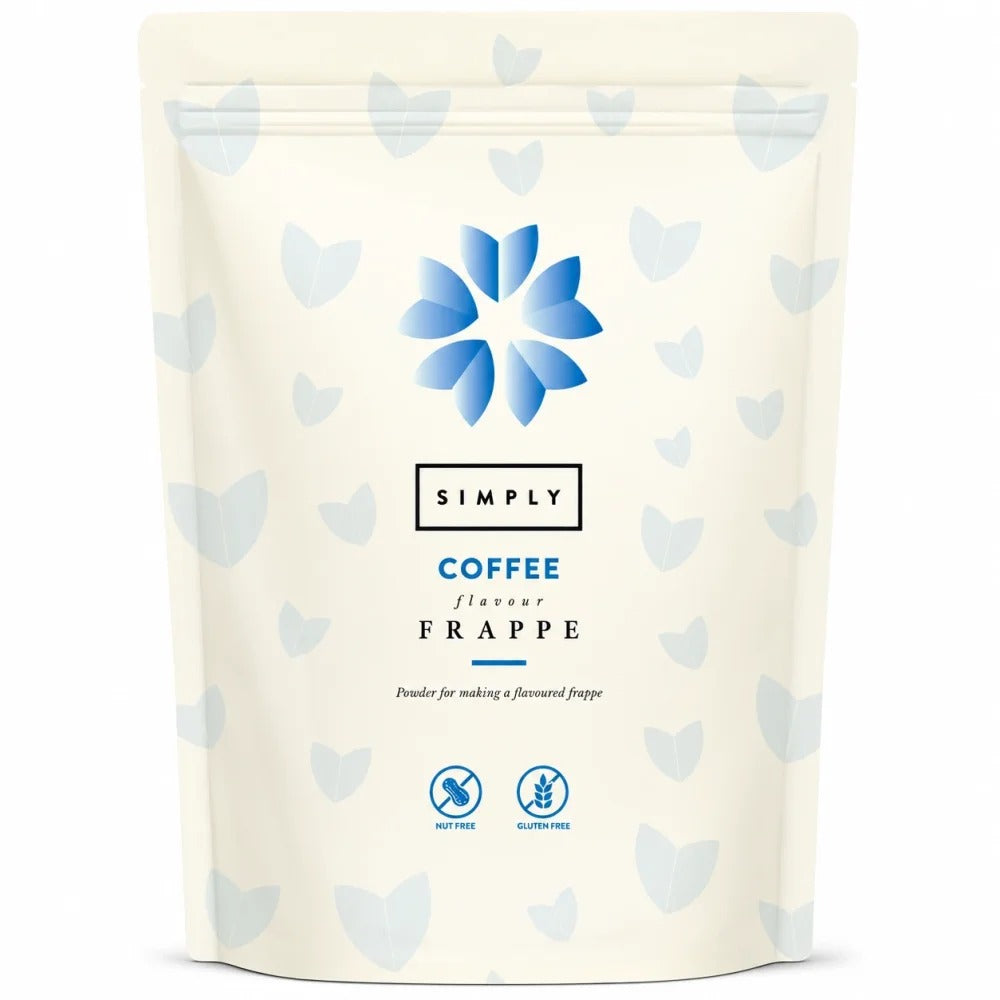 Simply Coffee Flavour Frappe powder in a 1kg cream resealable stand-up pouch with blue flower logo and nut free and gluten free icons, on a white background.