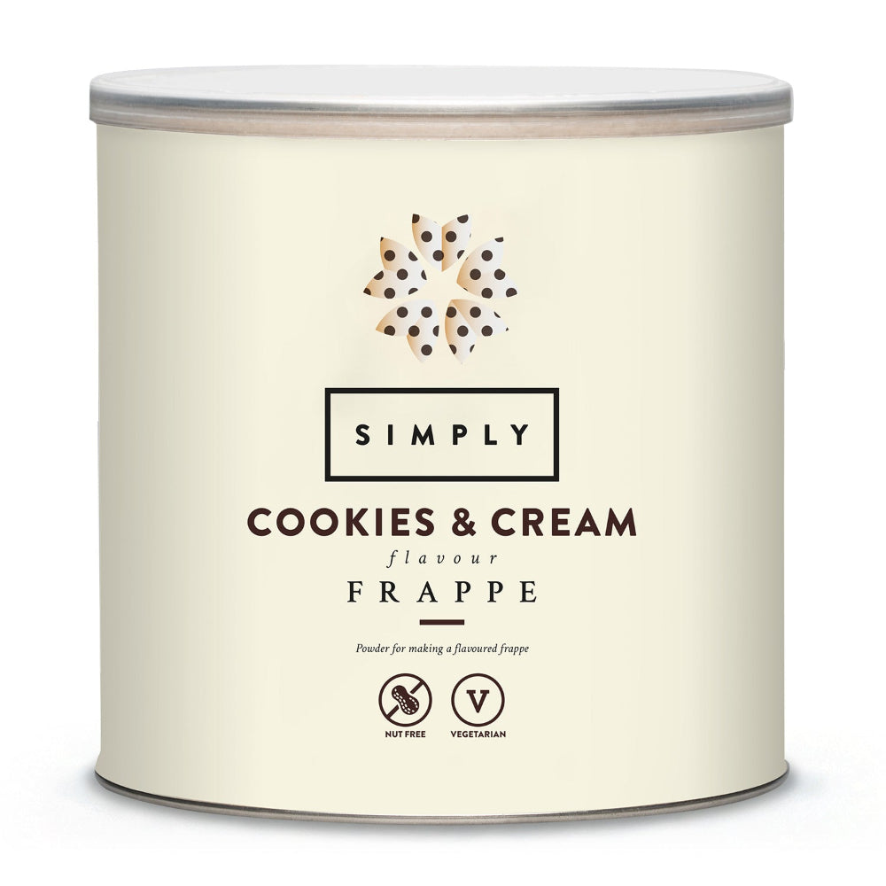 A cylindrical metal tin of Simply Cookies & Cream Flavour Frappe powder, featuring a cream-colored label with brown and black text and a decorative cookie motif, set against a plain white background.