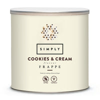 A cylindrical metal tin of Simply Cookies & Cream Flavour Frappe powder, featuring a cream-colored label with brown and black text and a decorative cookie motif, set against a plain white background.