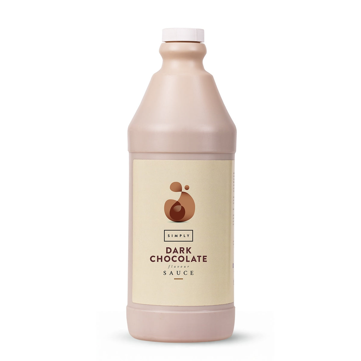 A large plastic bottle of Simply Dark Chocolate Flavor Sauce, filled with a pale chocolate-brown liquid, featuring a cream label with a brown chocolate swirl logo and a white cap, set against a plain white background.