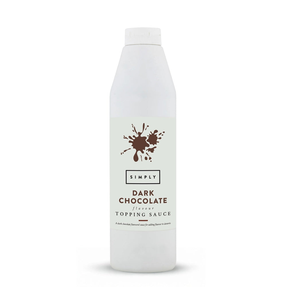 A white plastic bottle of Simply Dark Chocolate Freshener Topping Sauce with a white cap, centered on a white background.