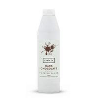 A white plastic bottle of Simply Dark Chocolate Freshener Topping Sauce with a white cap, centered on a white background.