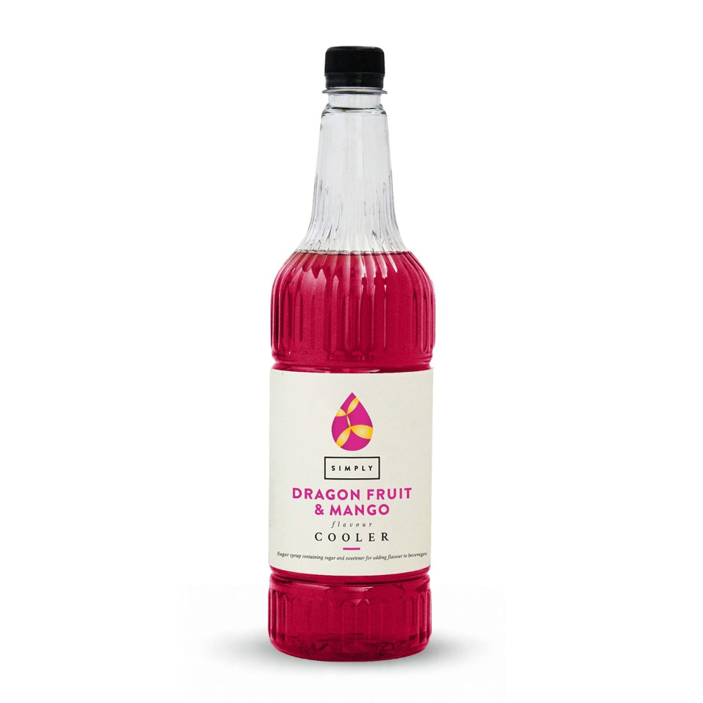 A bottle of Simply Dragon Fruit & Mango Cooler syrup with a black cap and a cream-colored label, filled with a vibrant magenta liquid, set against a plain white background.