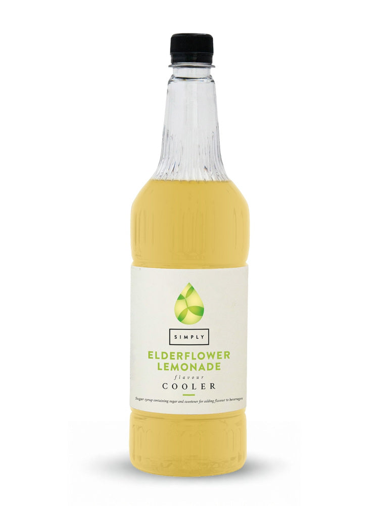 A clear plastic bottle of Simply Elderflower Lemonade Cooler filled with pale yellow liquid, featuring a white label with green text and a black cap, set against a plain white background.