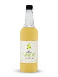 A clear plastic bottle of Simply Elderflower Lemonade Cooler filled with pale yellow liquid, featuring a white label with green text and a black cap, set against a plain white background.