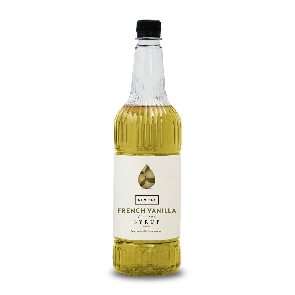 A bottle of Simply Vanilla French Vanilla Syrup with a black cap and a cream-colored label, set against a plain white background.