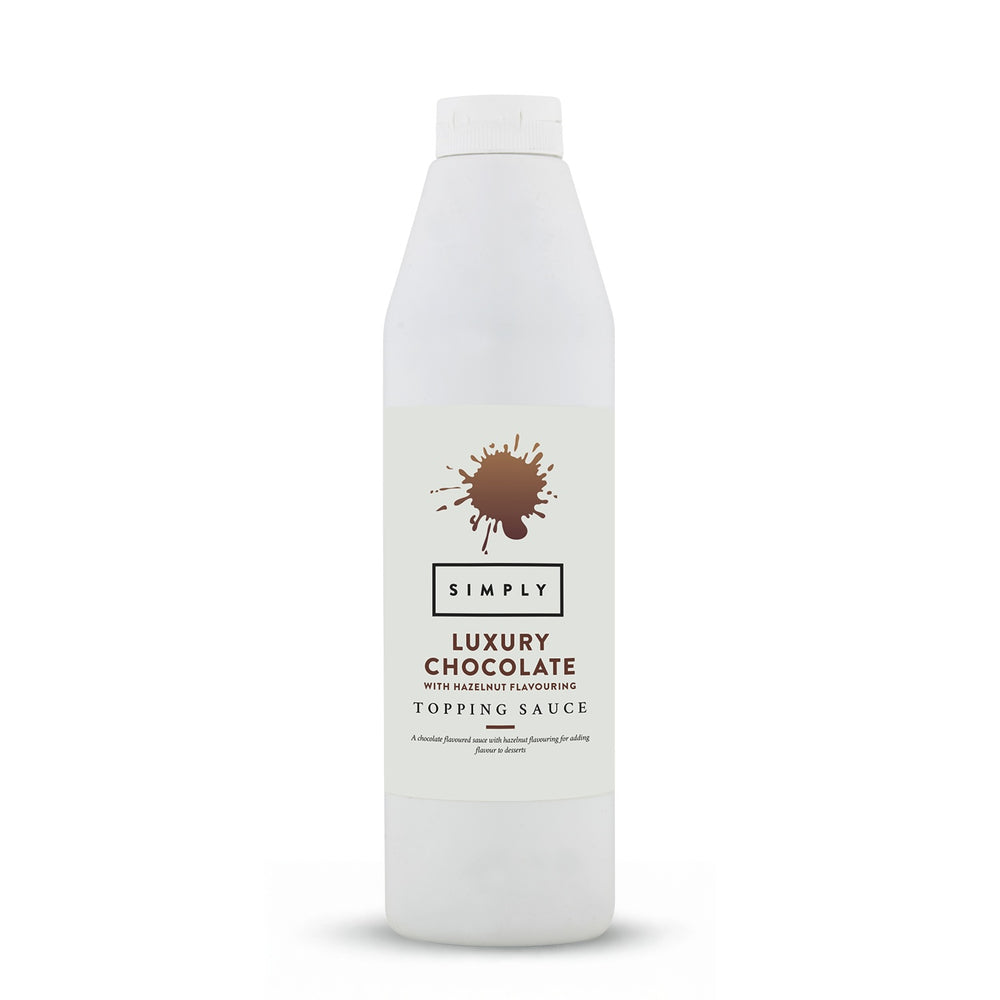 A tall white plastic bottle of Simply Luxury Chocolate Topping Sauce on a clean white background.