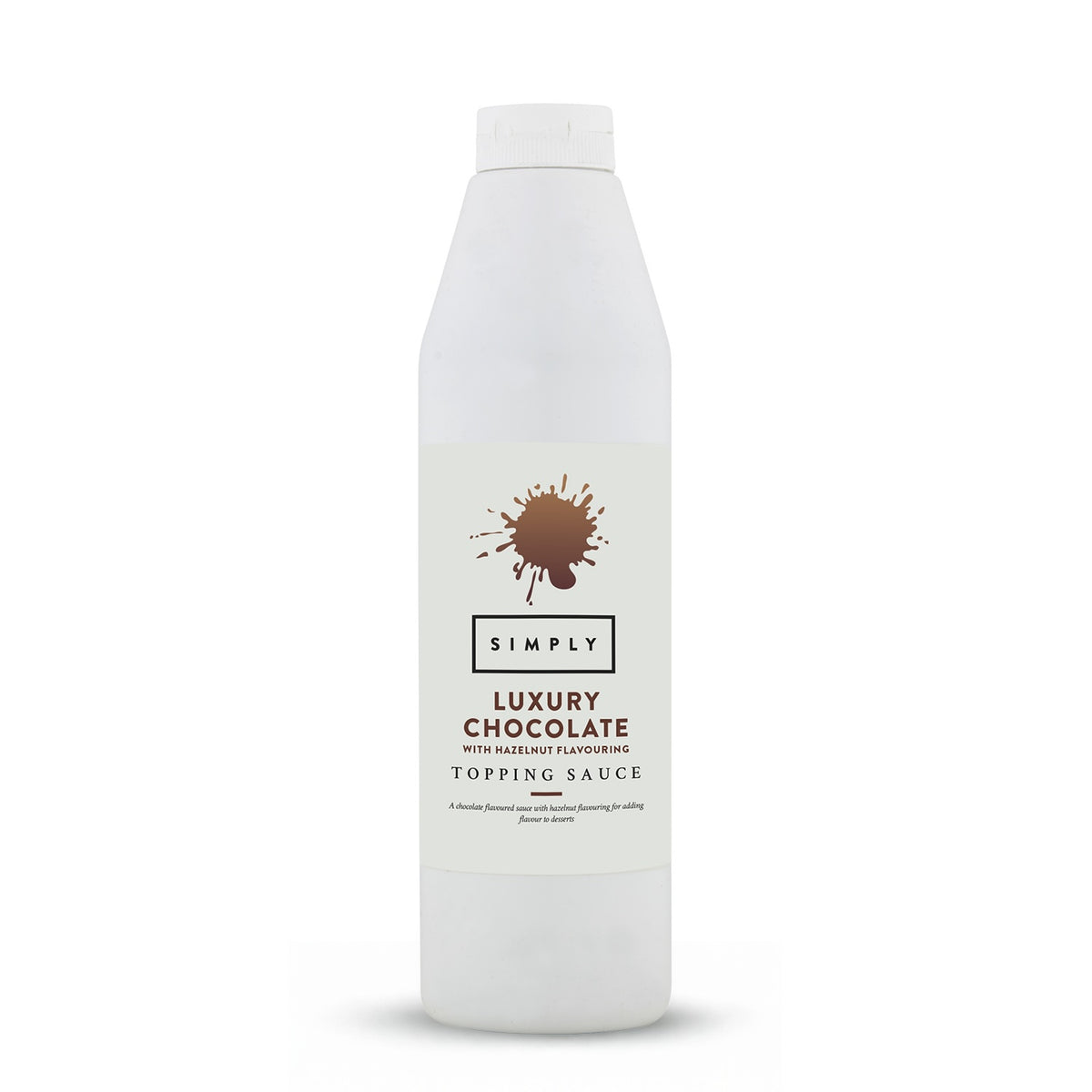 A tall white plastic bottle of Simply Luxury Chocolate Topping Sauce on a clean white background.