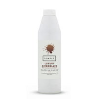 A tall white plastic bottle of Simply Luxury Chocolate Topping Sauce on a clean white background.