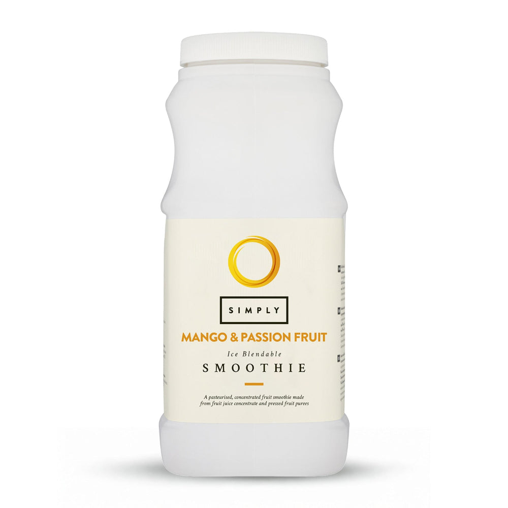 A white plastic bottle of Simply Mango & Passion Fruit Smoothie powder with a cream-colored label and gold accents, set against a plain white background.