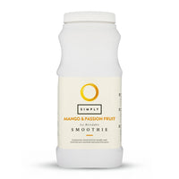 A white plastic bottle of Simply Mango & Passion Fruit Smoothie powder with a cream-colored label and gold accents, set against a plain white background.