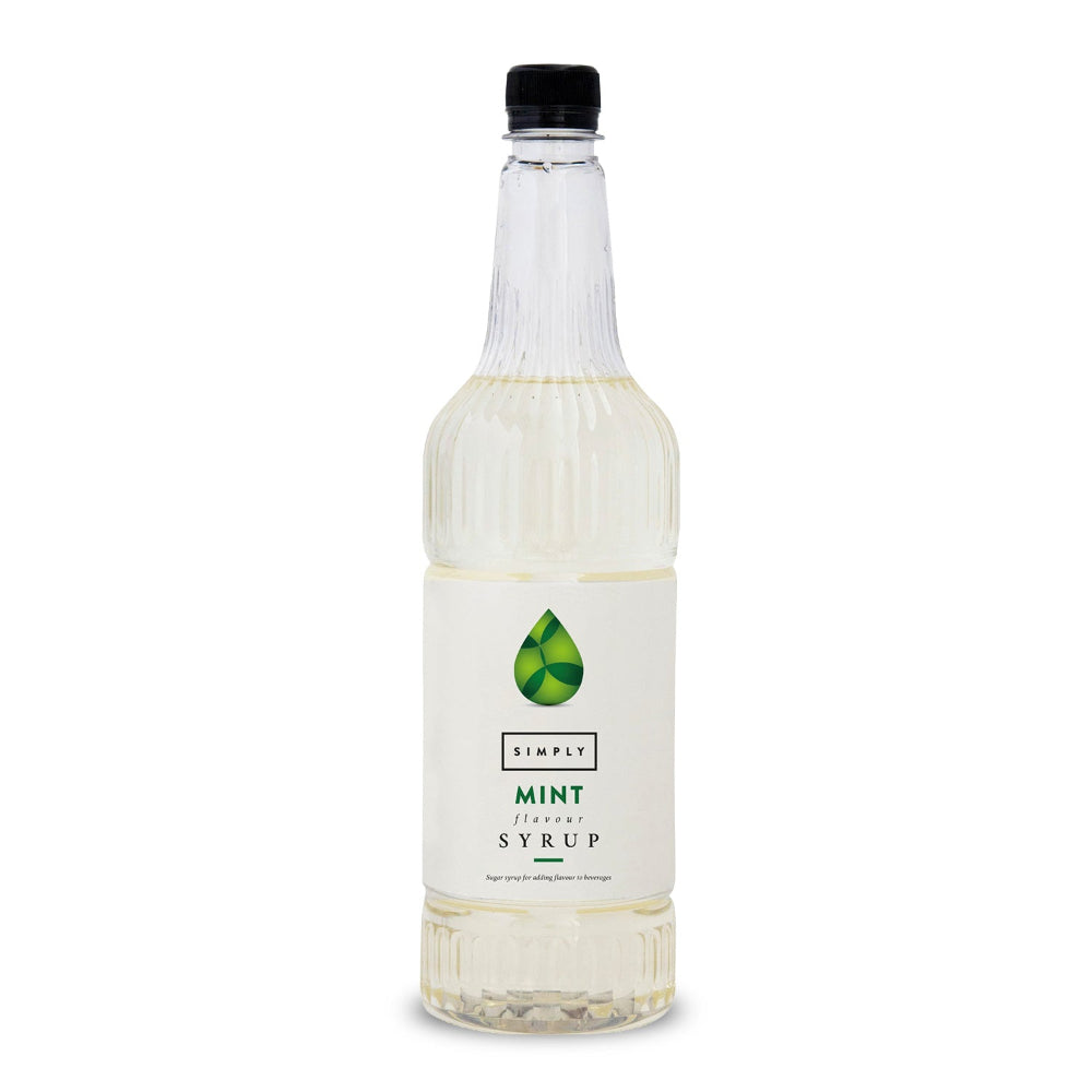 A bottle of Simply Mint Syrup with a white label and green logo, filled with a pale yellow liquid, set against a plain white background.