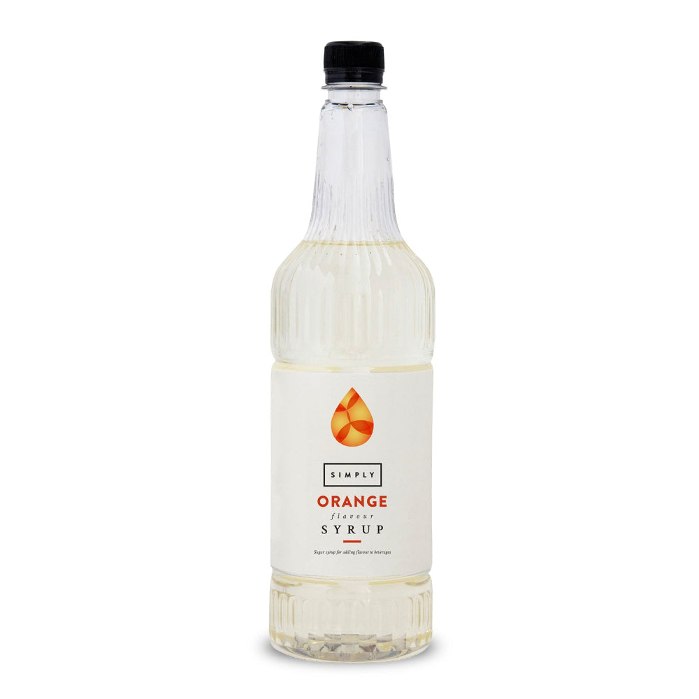 A bottle of Simply Orange Flavour Syrup with a white label and black cap, shown on a clean white background.
