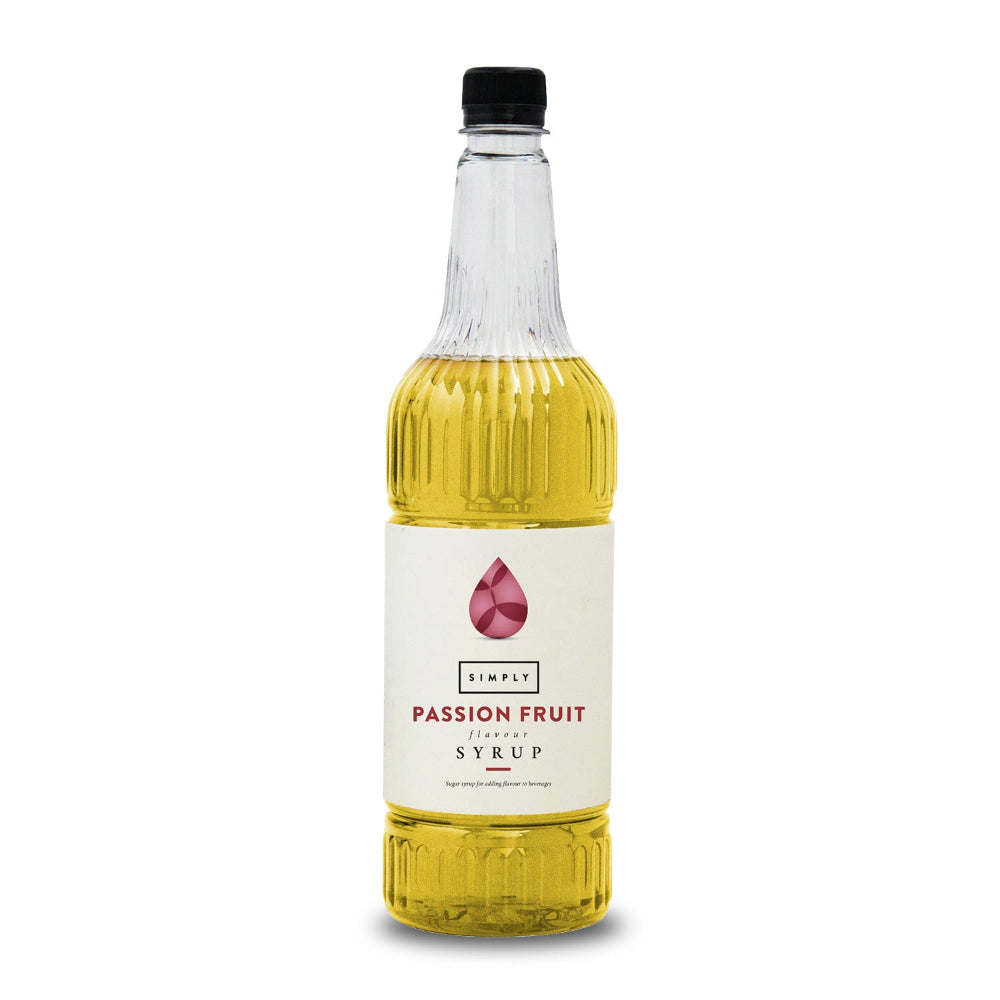 A bottle of Simply Passion Fruit Syrup with a white label and black cap, filled with yellow liquid, on a white background.