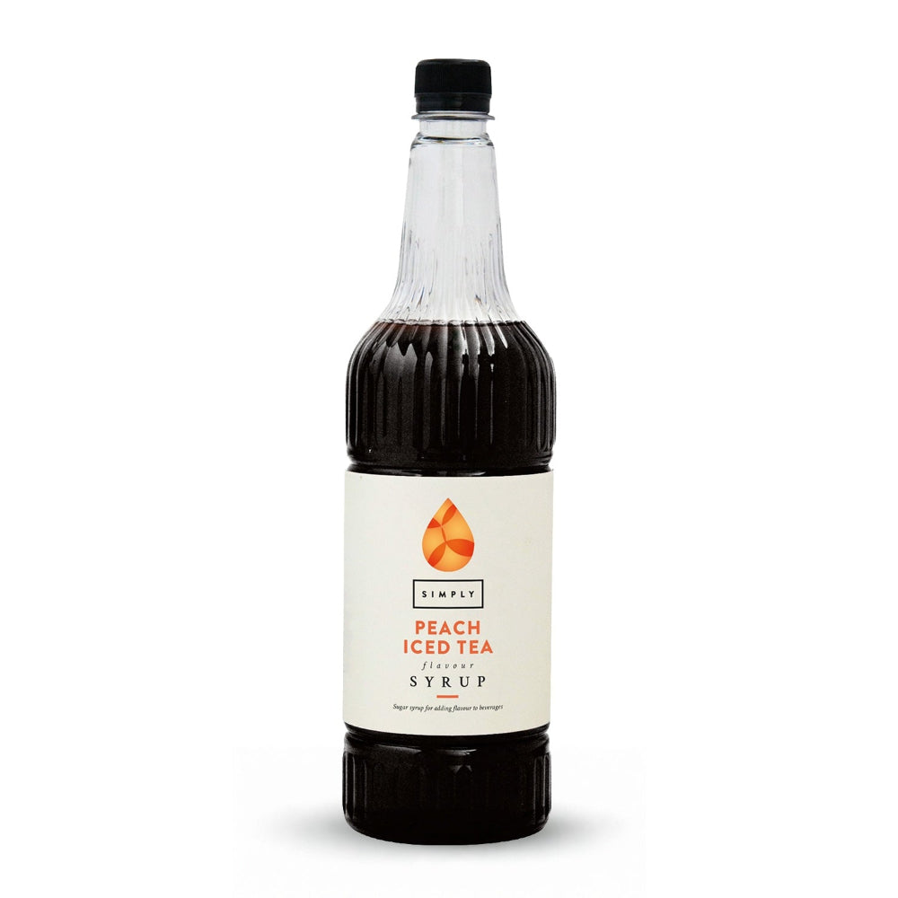 A bottle of Simply Peach Iced Tea Syrup with a black cap and a cream-colored label, shown on a clean white background.