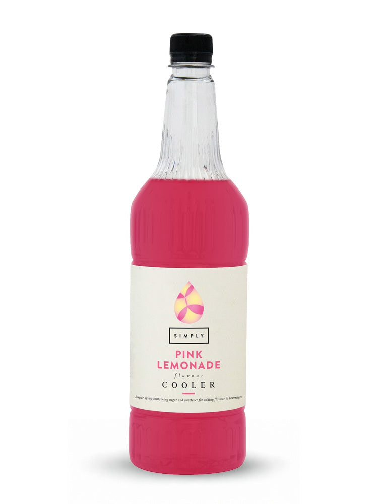 A bottle of Simply Pink Lemonade Cooler sugar-free iced tea, featuring a vibrant pink liquid inside a clear glass bottle with a black cap and a cream-colored label.