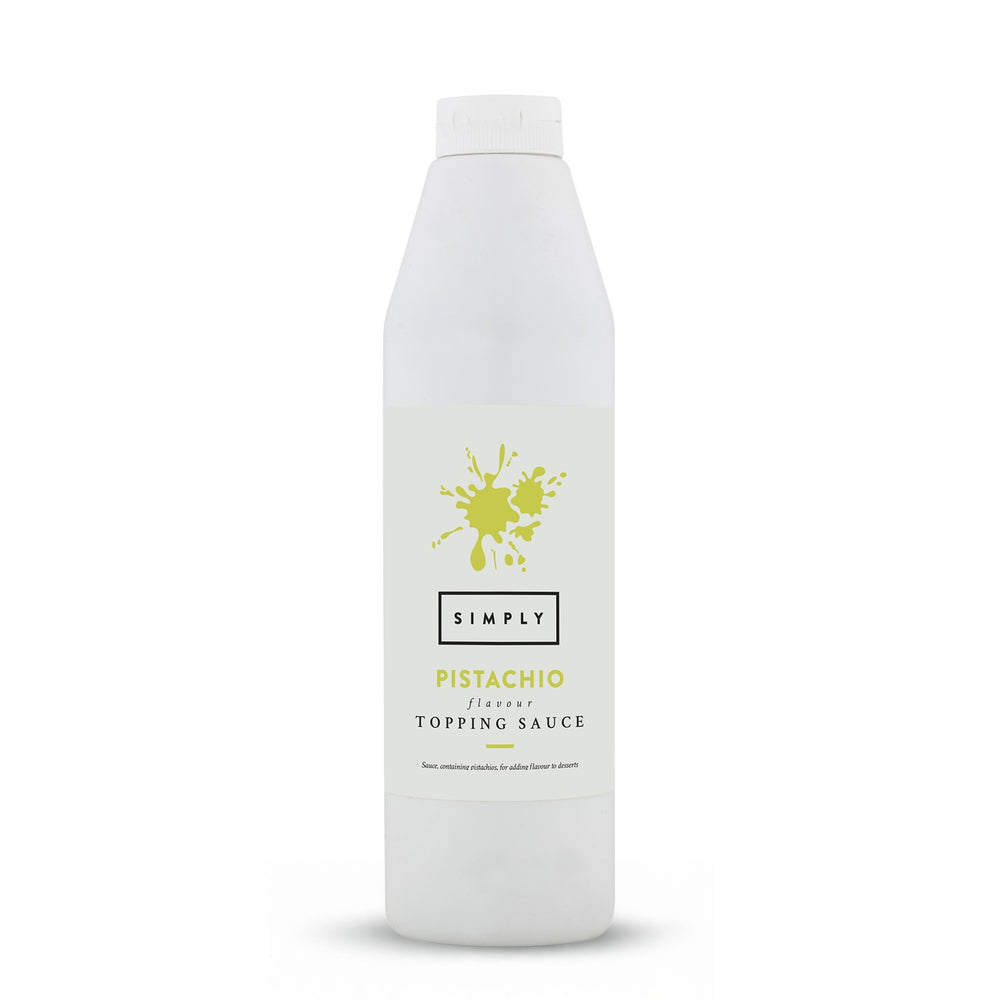 A tall white plastic bottle of Simply Pistachio Flavour Topping Sauce on a clean white background.